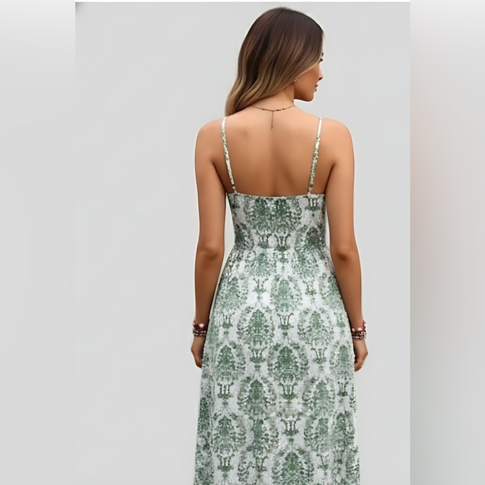 Last One π₯ Boho Sleeveless V-Neck Casual Maxi Swing Dress Green - Picture 5 of 9